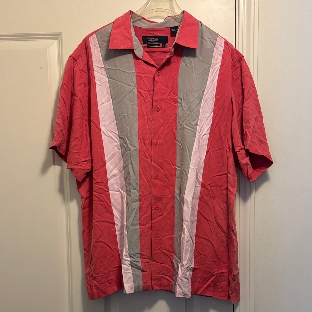 Nat Nast Red and Gray Casual Button-Down Shirt / 100% Silk